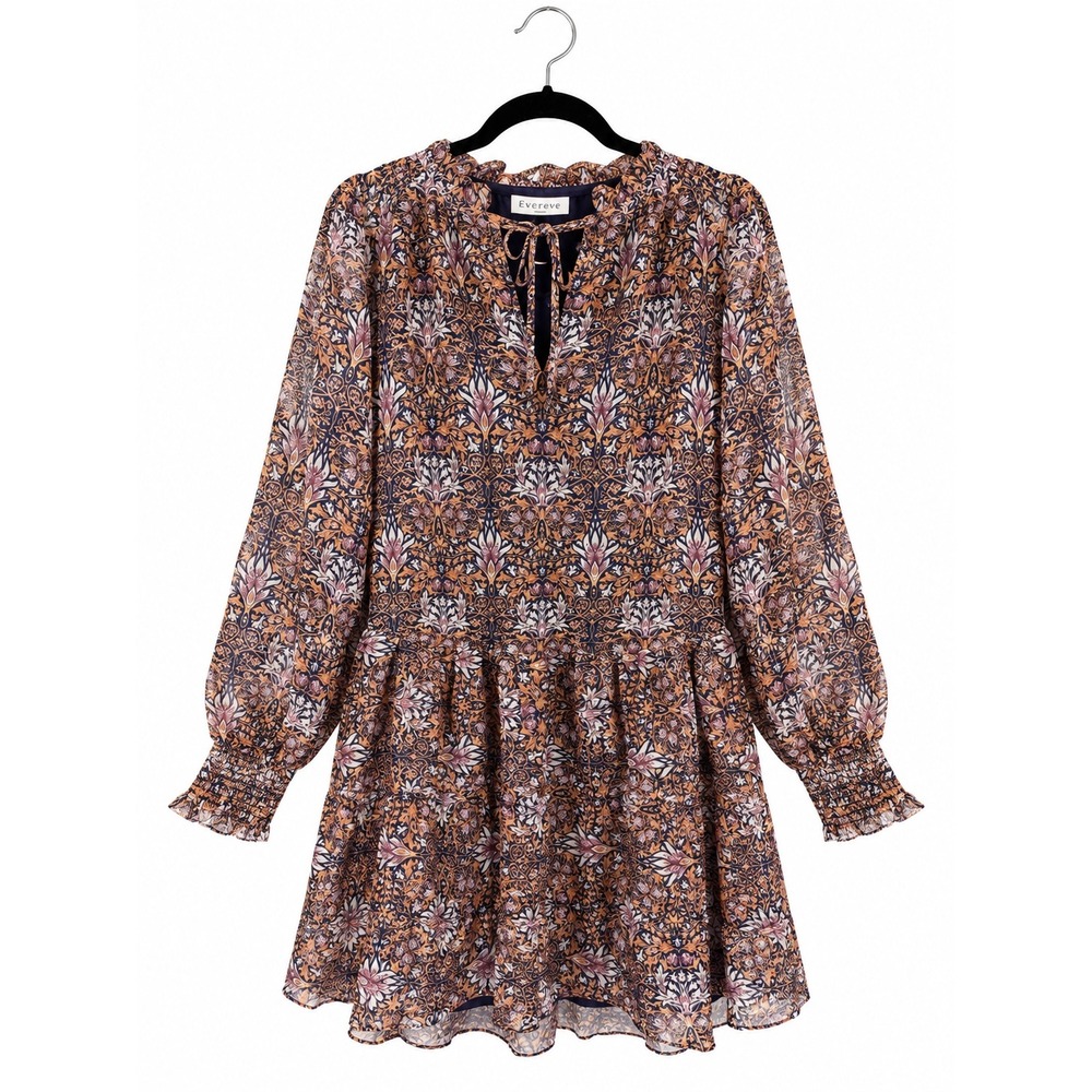 Current Air Los Angeles Floral Damask Mini Dress Orange Purple Long Sleeve NEW